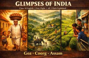 Glimpses of India Class 10 English First Flight — Goan baker pader, Coorg coffee hills and Assam tea garden illustration