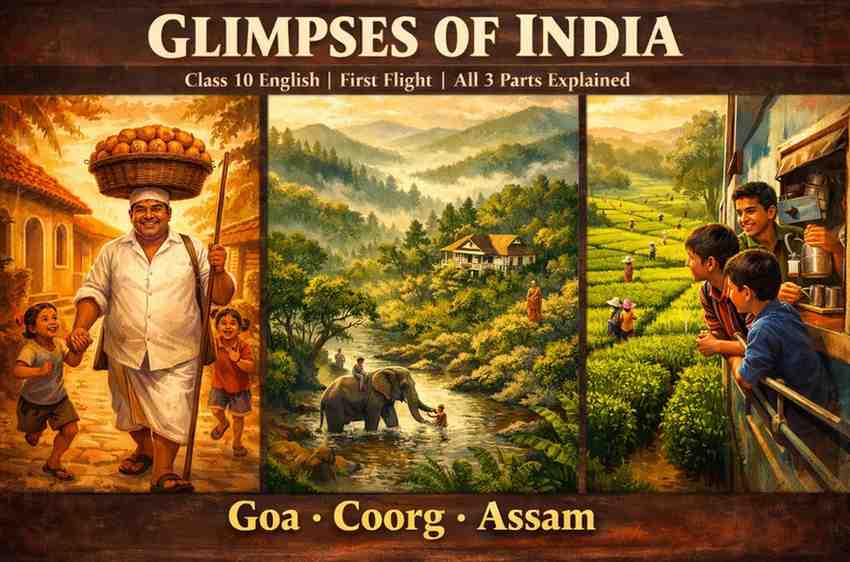 Glimpses of India Class 10 English First Flight — Goan baker pader, Coorg coffee hills and Assam tea garden illustration