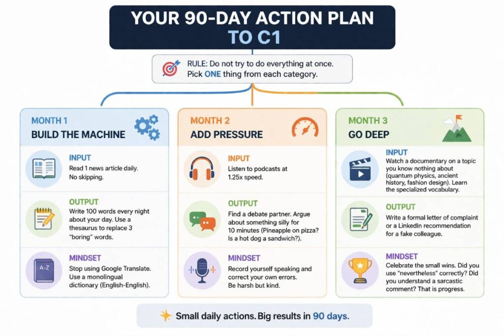 90 day action plan to reach C1 English level with monthly input output and mindset strategy for speaking fluency